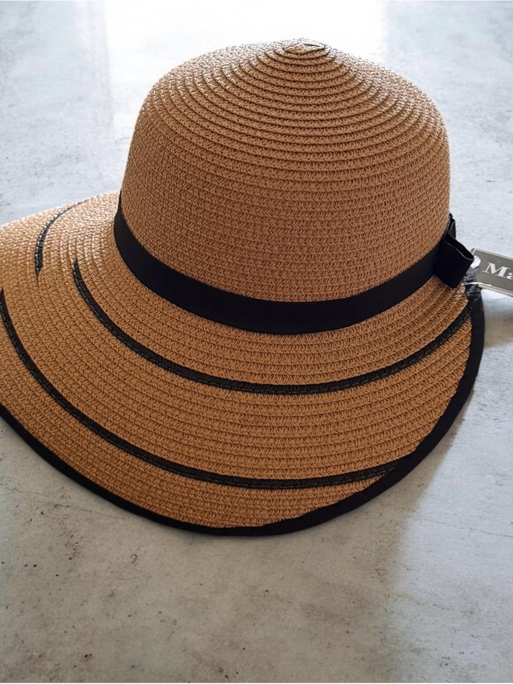Classic Tan Straw Sun Hat with Black Trim and Ribbon